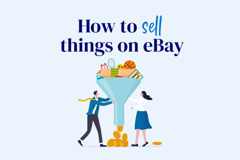 Illustration, depicting how to sell things on eBay, with two people turning old objects into money.