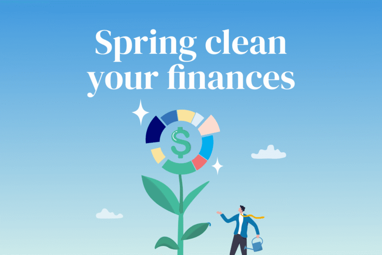 MyBudget's spring clean your finances illustration with money goals flower symbolising saving, budgeting and debt help in New Zealand.
