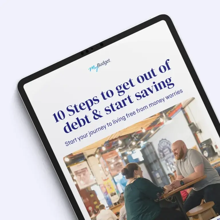 Tablet displaying MyBudget’s free ‘10 Steps to Get Out of Debt & Start Saving’ guide, designed to help Australians improve their financial wellbeing.