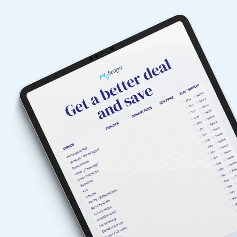 MyBudget Get a Better Deal Checklist shown on a tablet, helping New Zealanders compare bills and find better deals to save money.