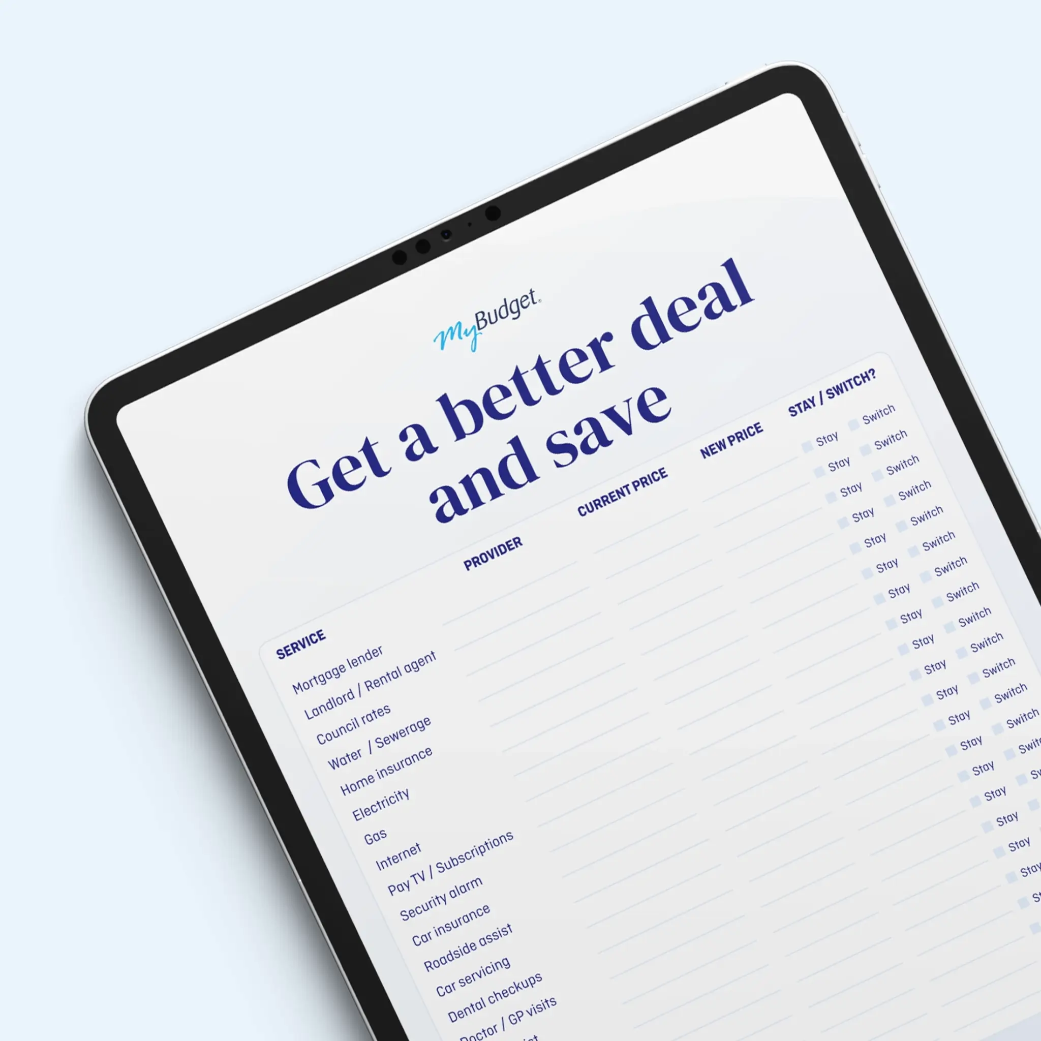 MyBudget Get a Better Deal Checklist shown on a tablet, helping New Zealanders compare bills and find better deals to save money.