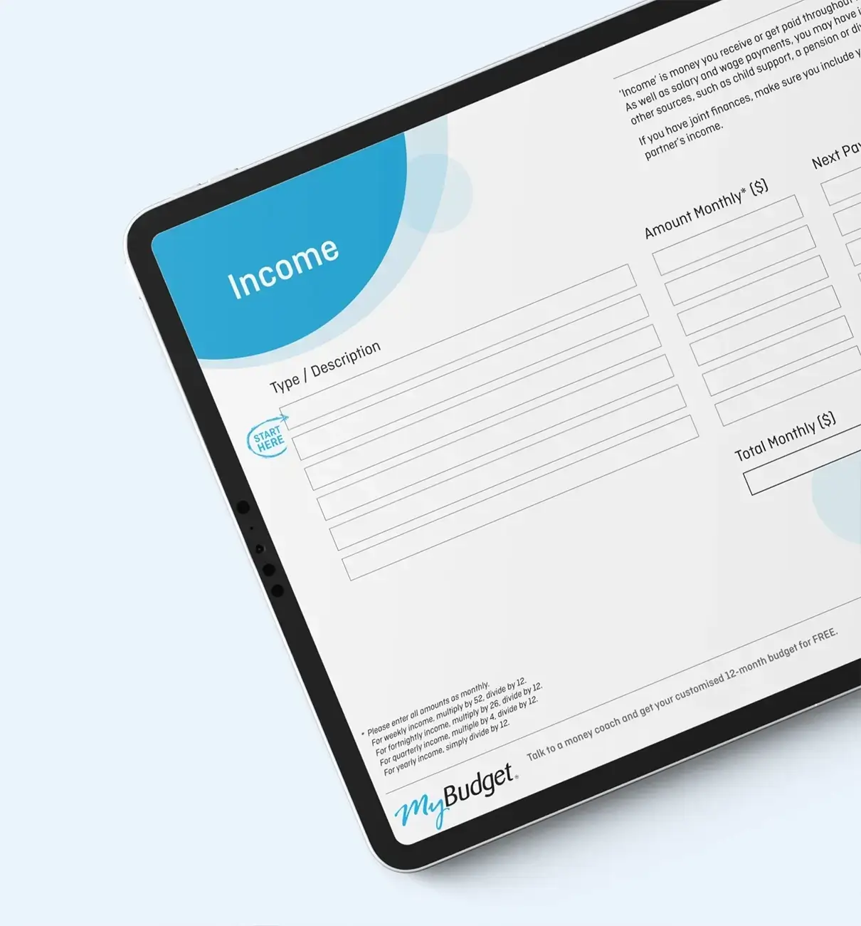 Tablet displaying MyBudget’s Personal Budget Template for New Zealand users, to help organise finances, get out of debt, start saving and reach financial goals.