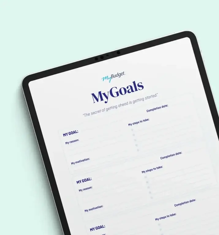 Tablet displaying MyBudget’s Financial Goals Template for New Zealand users, showing goal setting, motivations and action steps.