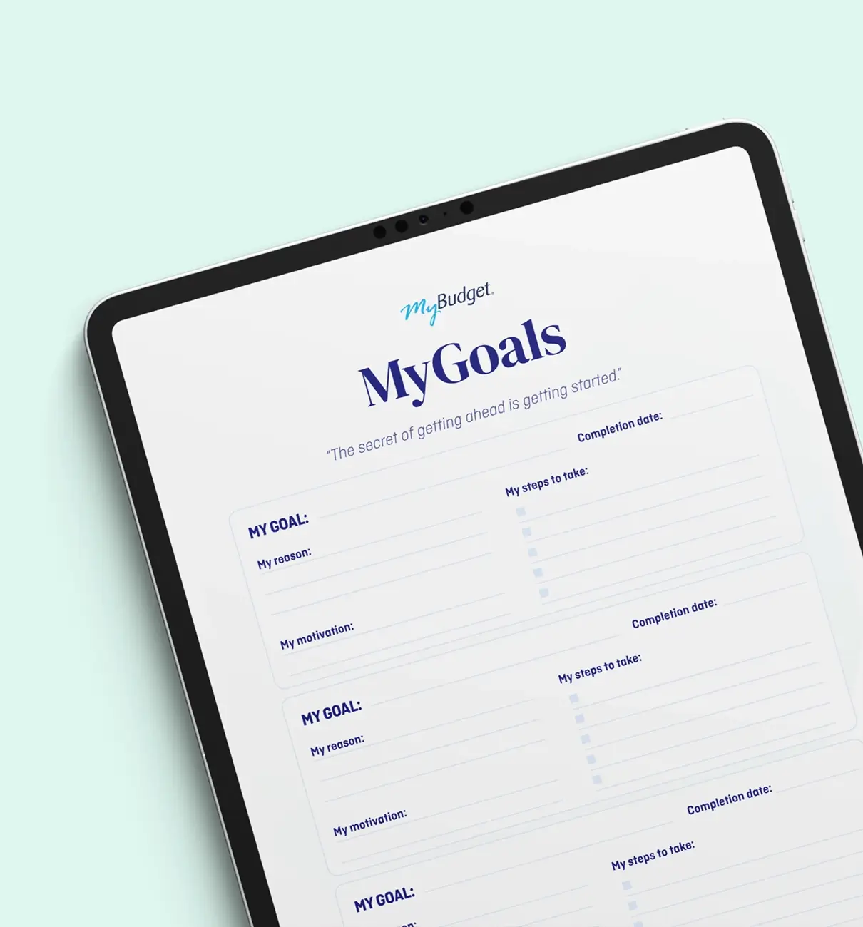 Tablet displaying MyBudget’s Financial Goals Template for New Zealand users, showing goal setting, motivations and action steps.