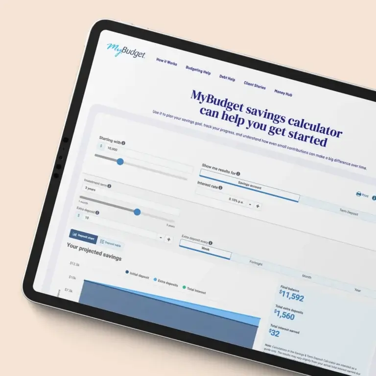 Tablet device showing the MyBudget Savings Calculator webpage, featuring input fields for savings goals and a projected savings growth graph in New Zealand.